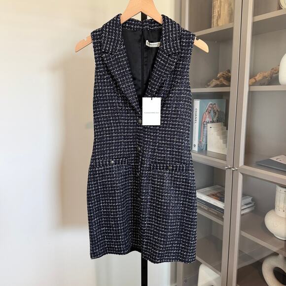 Alessandra Rich Tweed Mini Dress NEW Sequin Checked Dark Navy Sleeveless NWT 40 - Picture 2 of 7